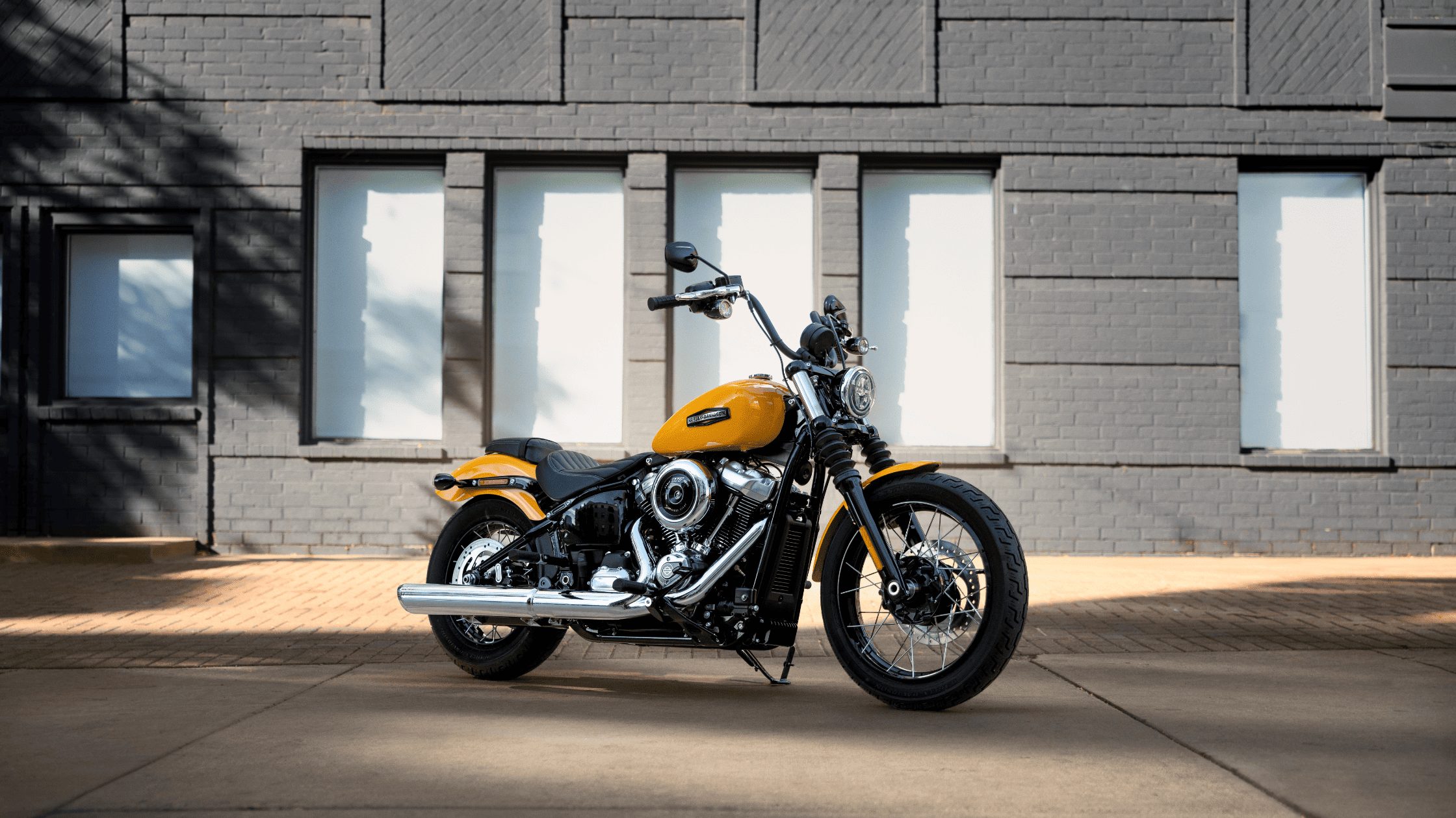A yellow 2025 Harley-Davidson® Street Bob® parked in front of a modern building with dark brick walls.
