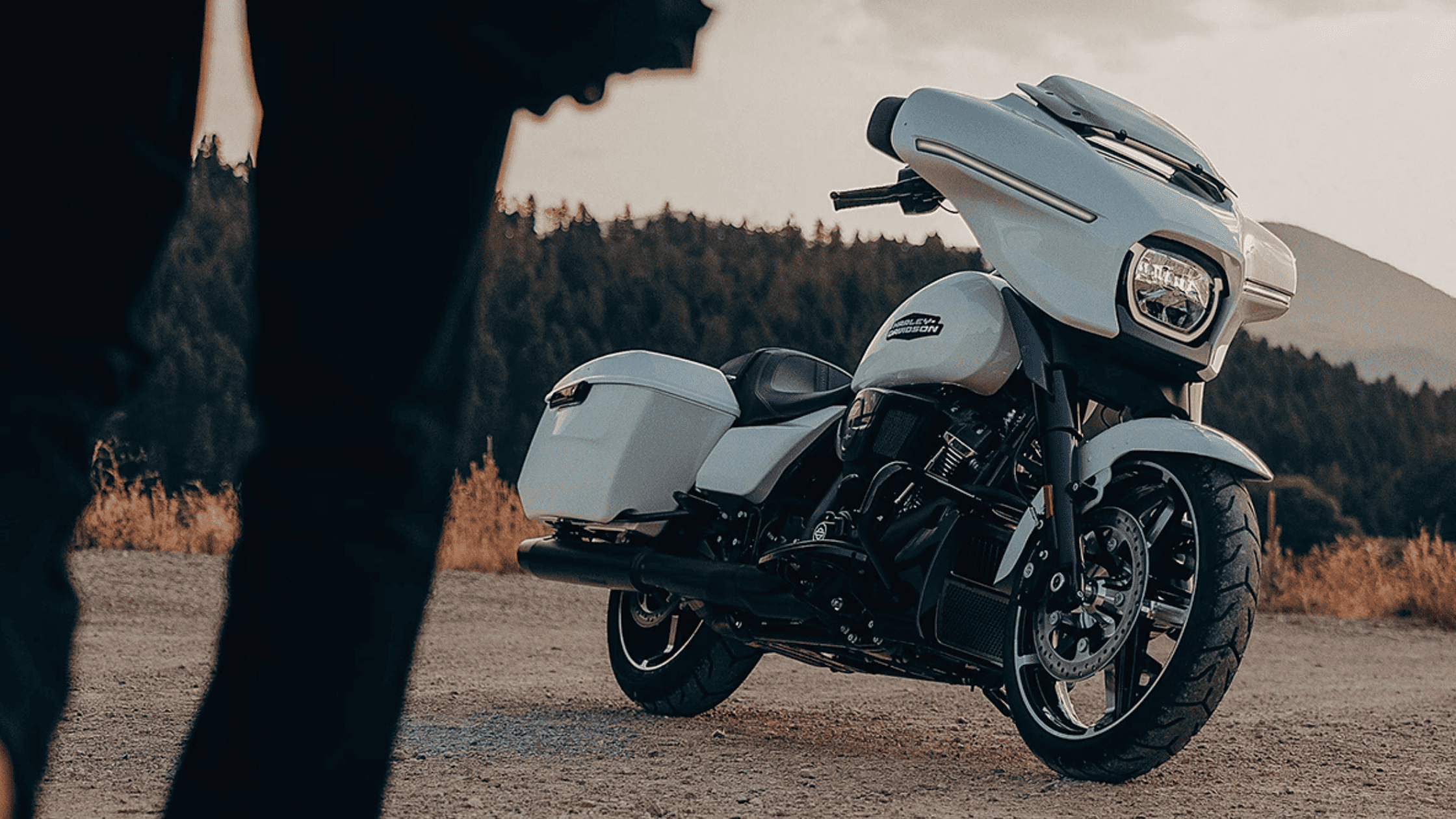 A sleek white 2025 Harley-Davidson® Street Glide® parked on a scenic countryside road with forested…